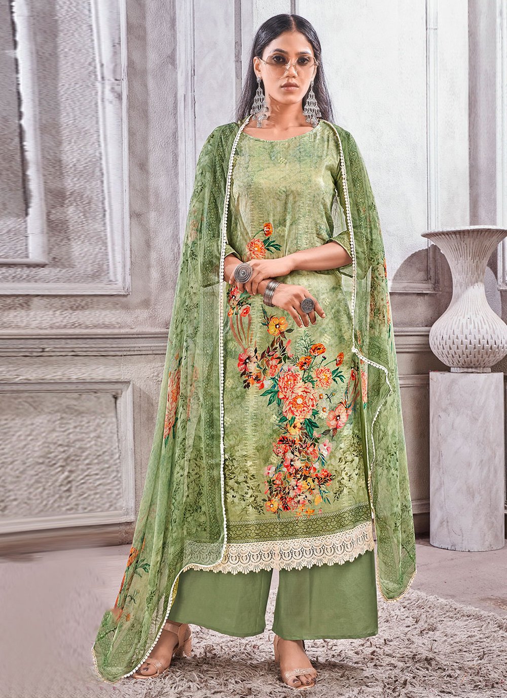 Salwar Suit Cotton Lawn Green Digital Print Salwar Kameez