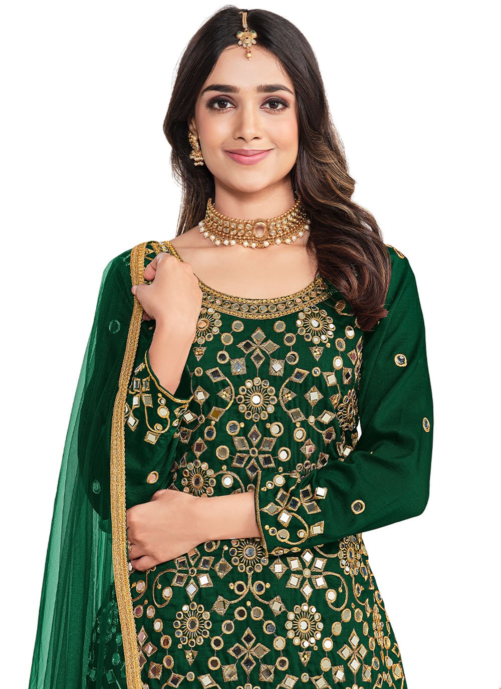 Salwar Suit Silk Green Embroidered Salwar Kameez