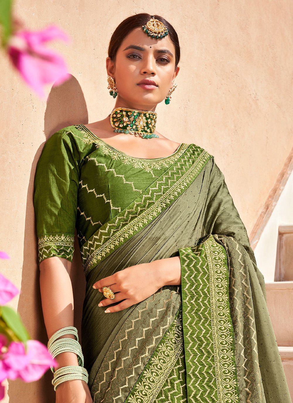 Trendy Saree Chiffon Green Swarovski Saree