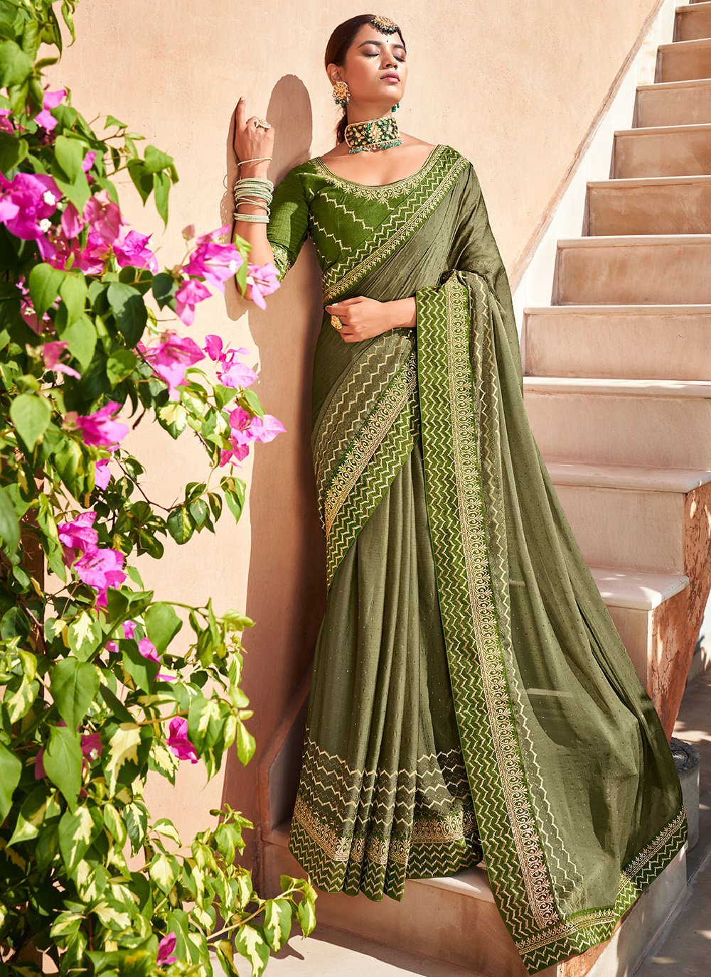 Trendy Saree Chiffon Green Swarovski Saree