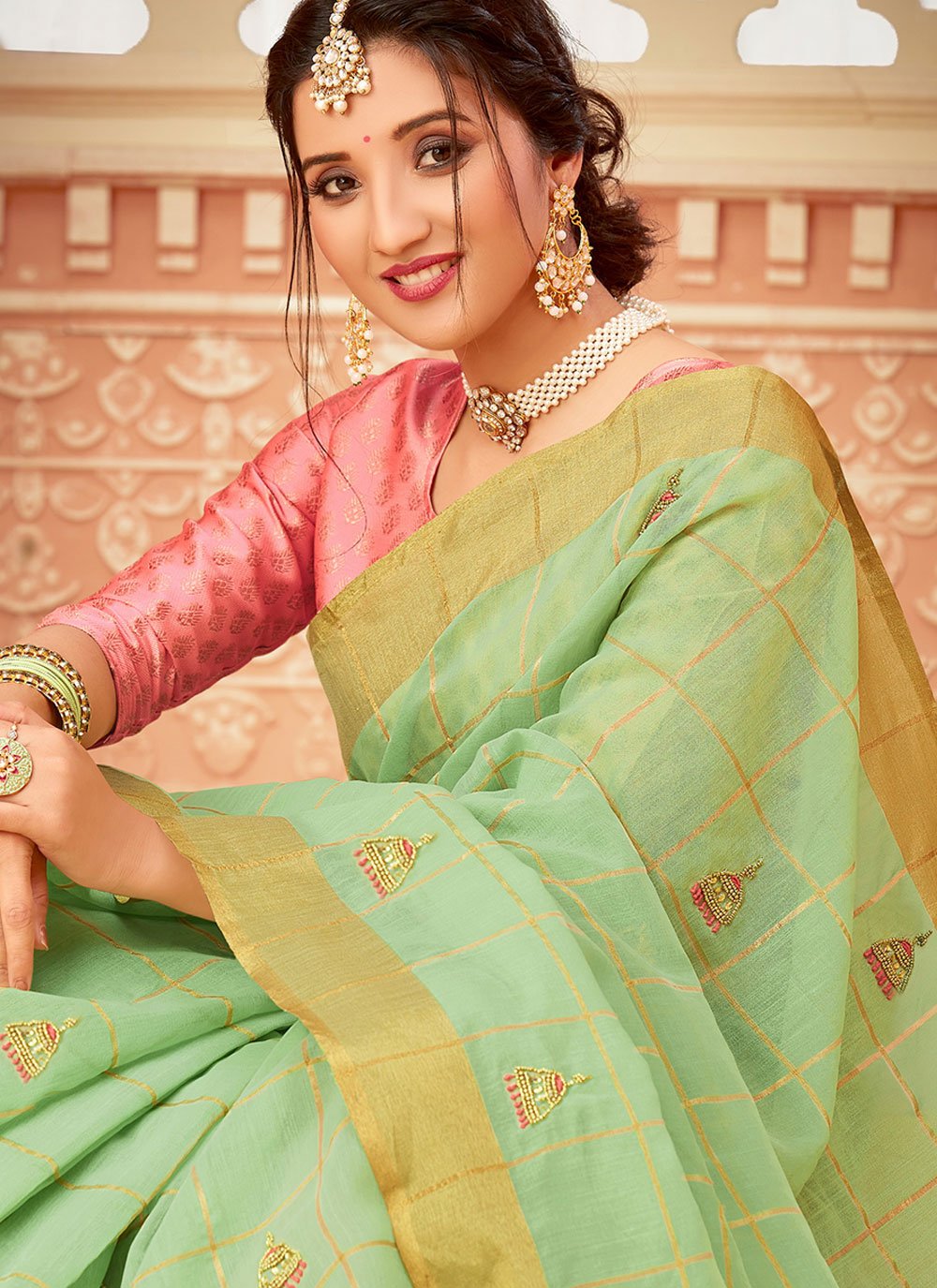 Contemporary Cotton Green Khatli Work Saree