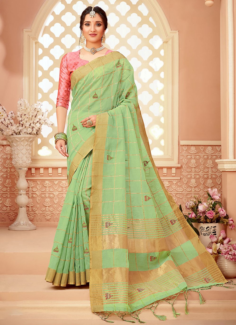 Contemporary Cotton Green Khatli Work Saree