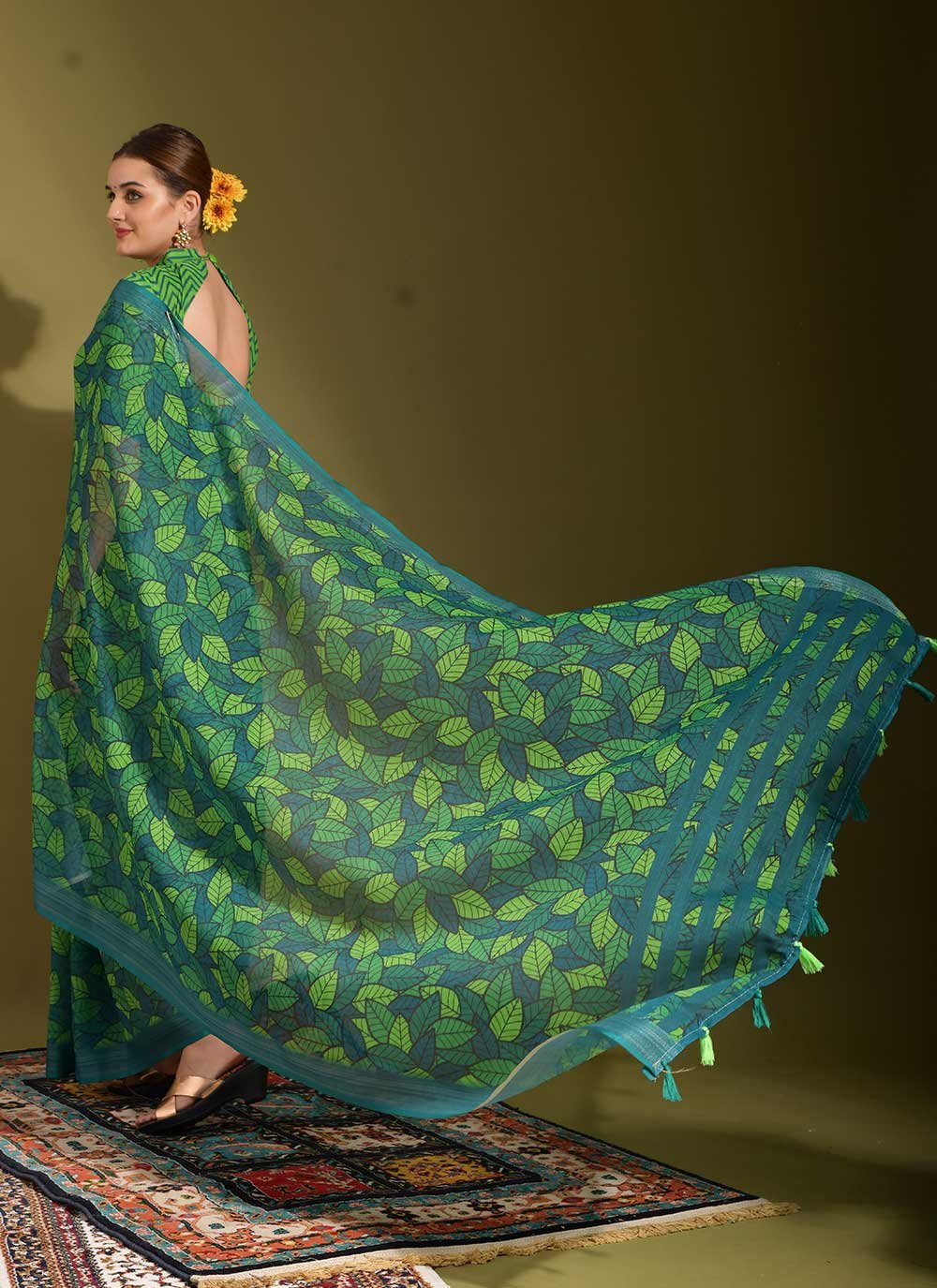 Contemporary Linen Green Print Saree