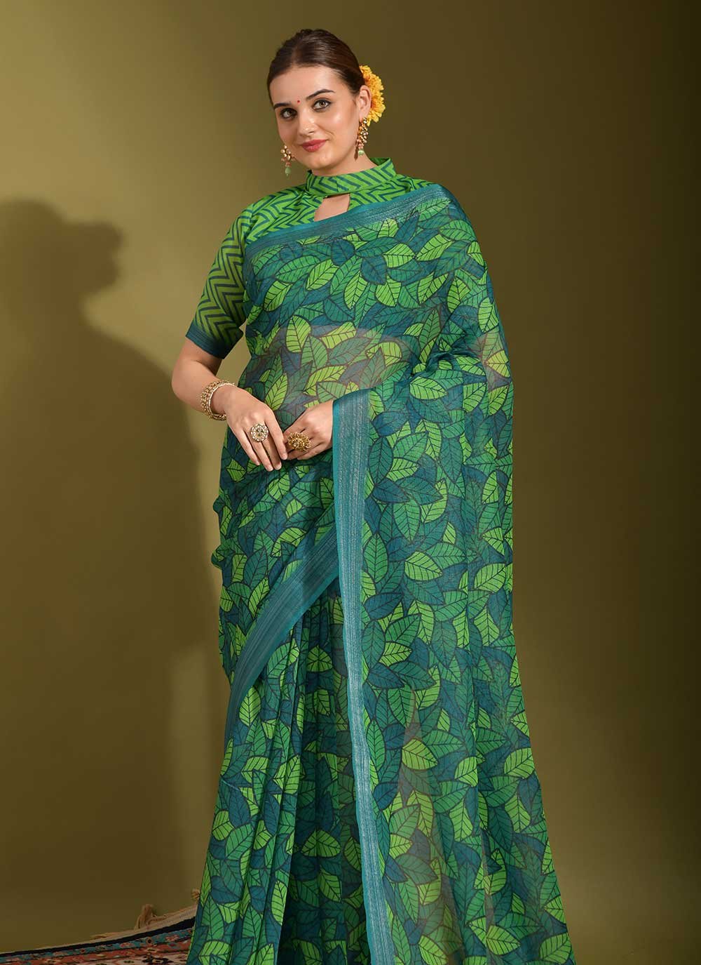 Contemporary Linen Green Print Saree