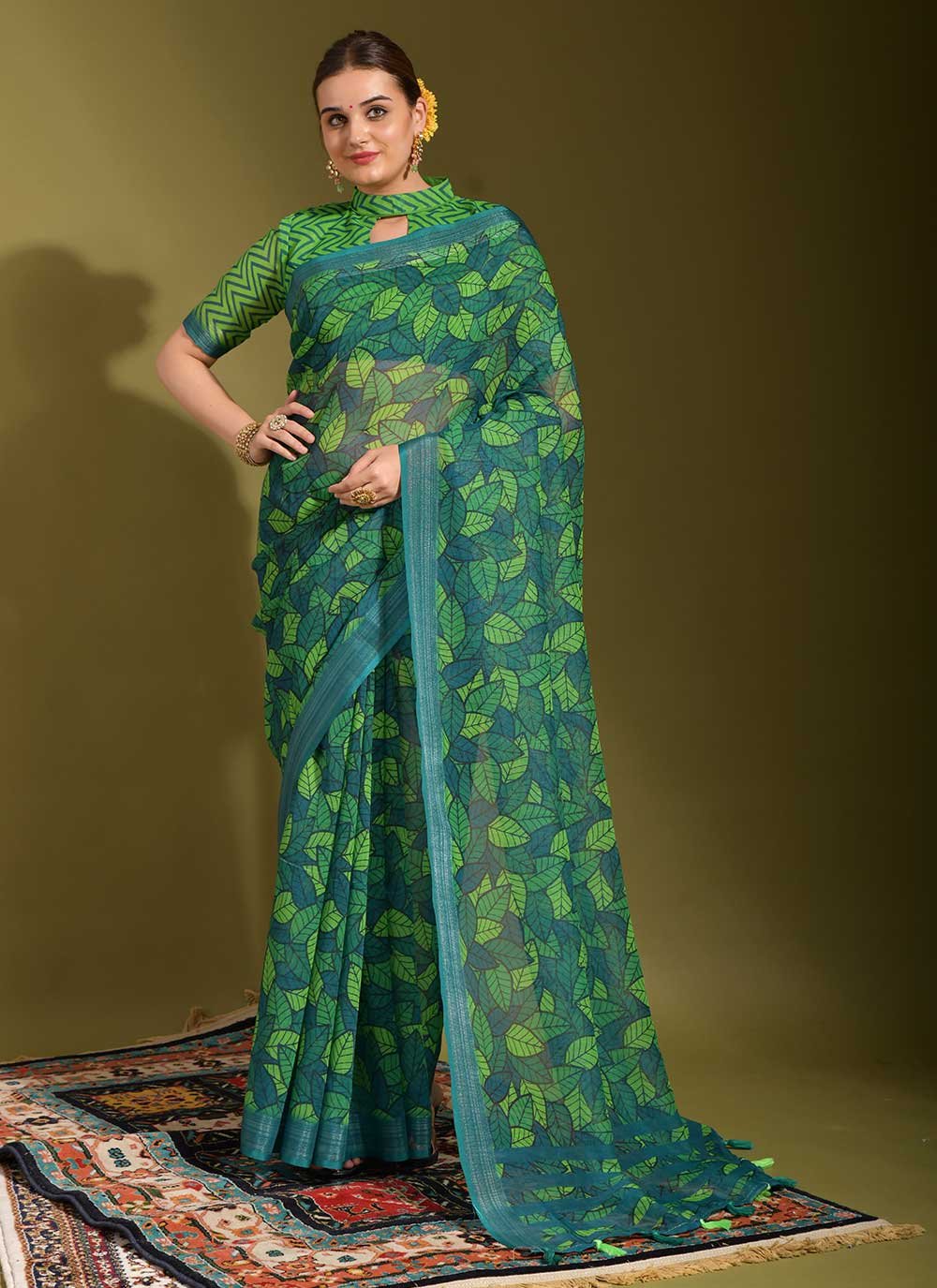 Contemporary Linen Green Print Saree