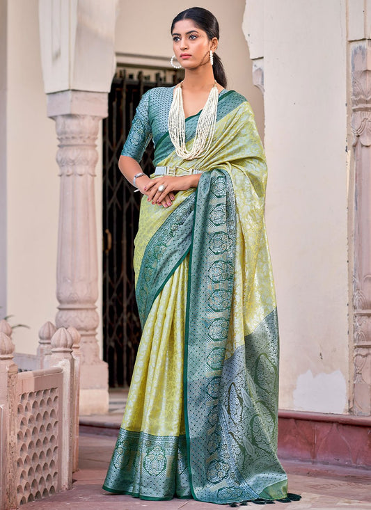 Contemporary Silk Tissue Green Weaving Saree