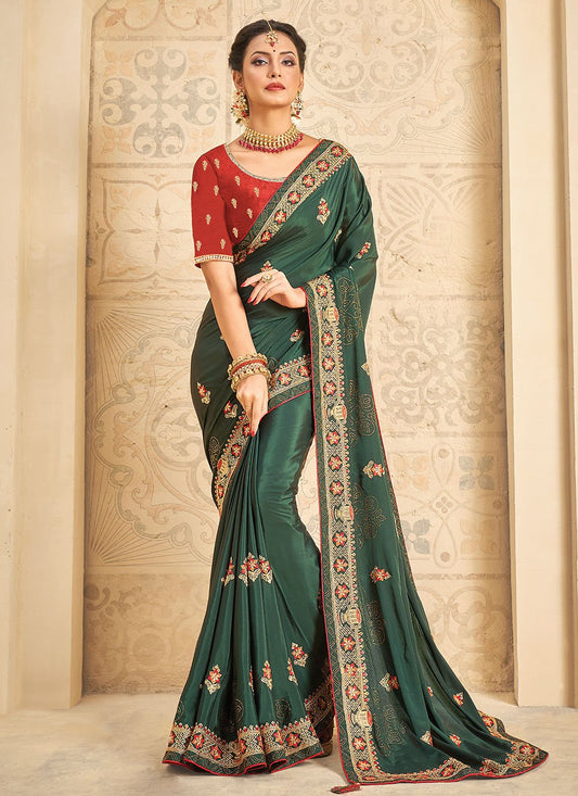 Contemporary Crepe Silk Green Embroidered Saree