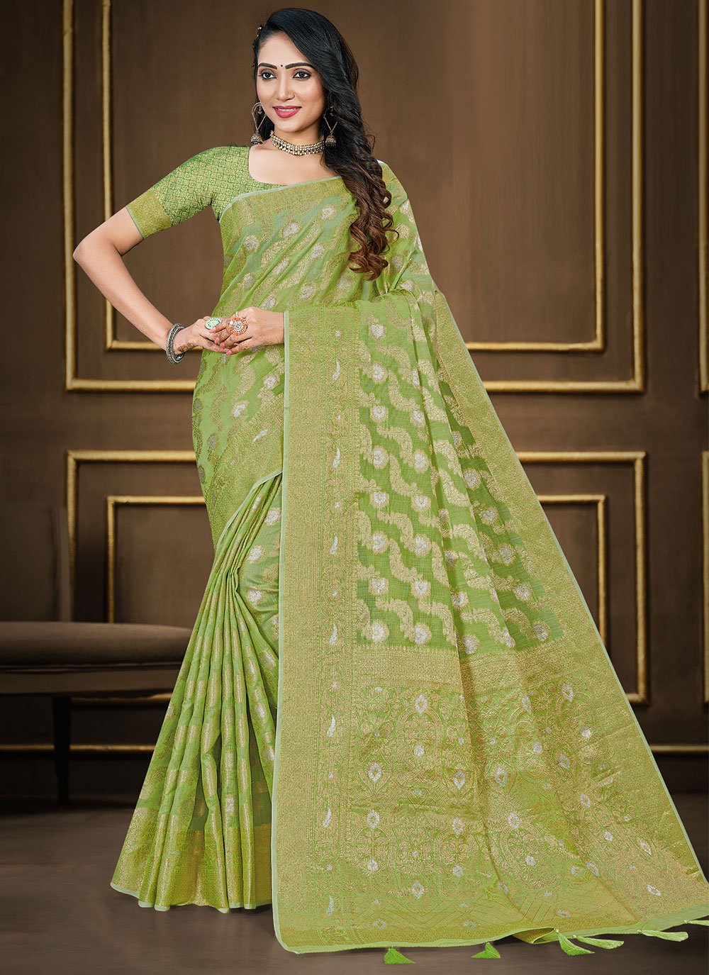 Contemporary Cotton Silk Green Woven Saree