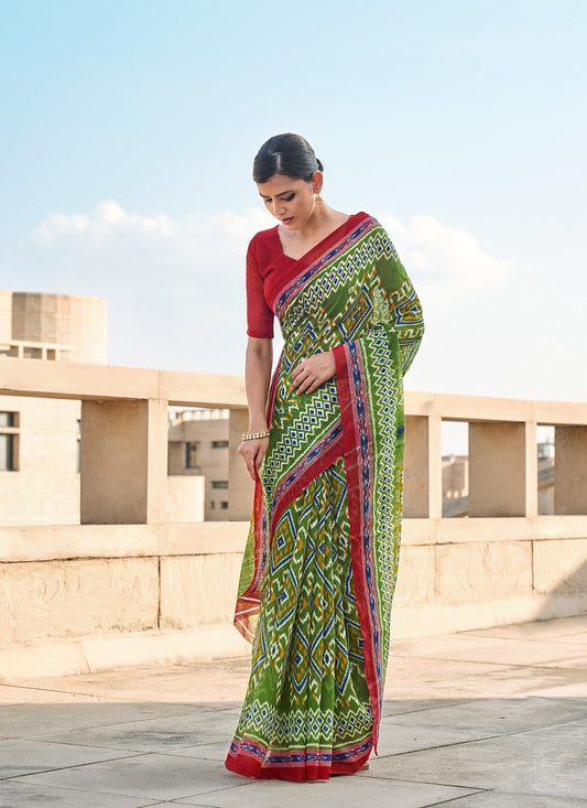 Casual Cotton Green Print Saree