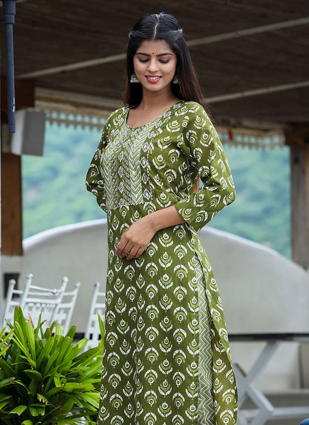 Designer Kurti Cotton Green Print Kurtis