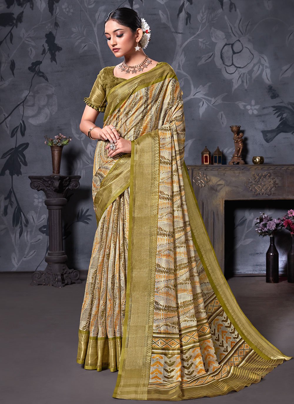 Trendy Saree Cotton Linen Green Digital Print Saree