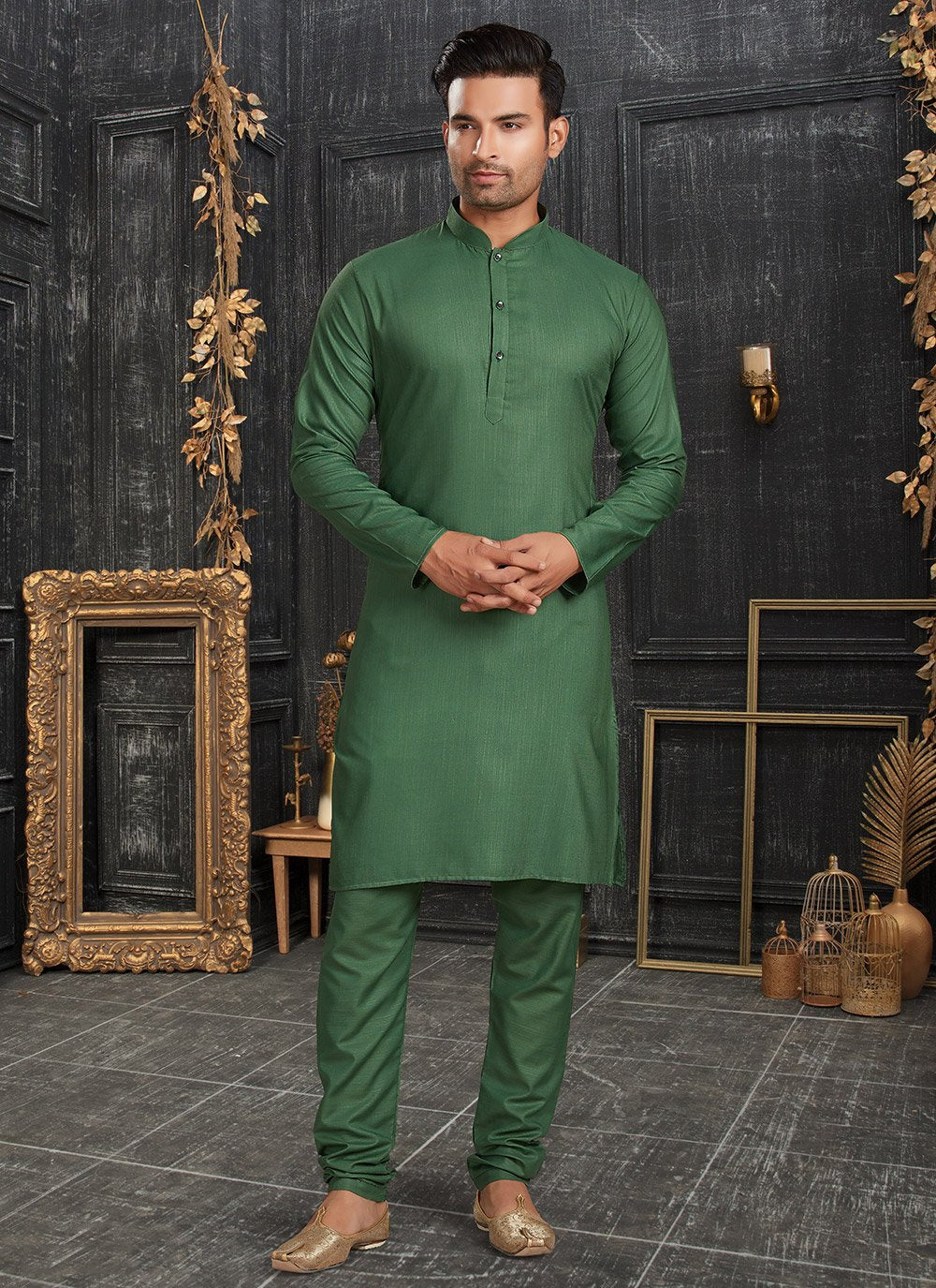 Kurta Pyjama Cotton Green Plain Mens