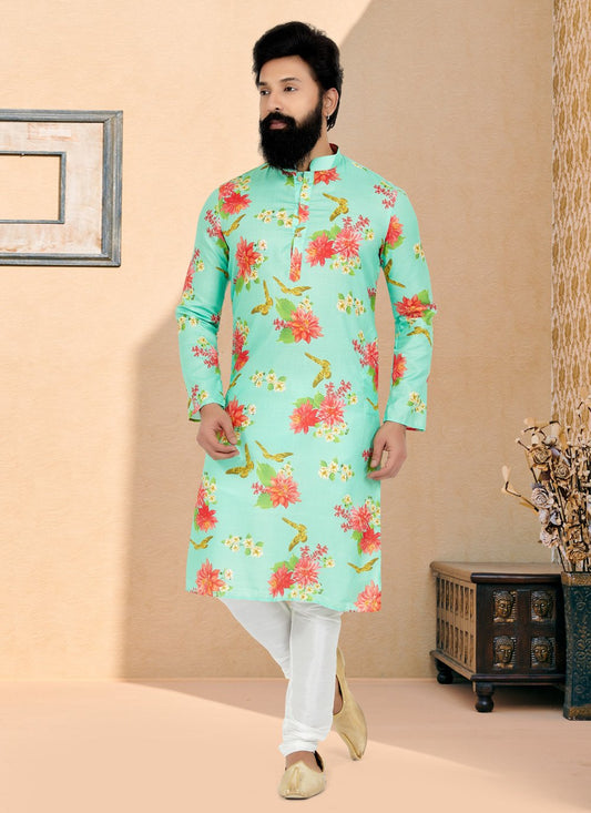 Kurta Pyjama Cotton Green Digital Print Mens