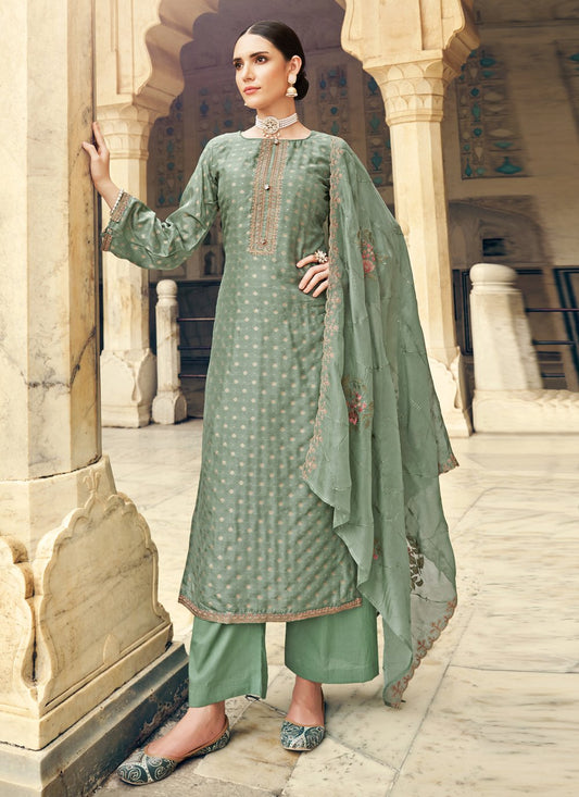 Straight Salwar Suit Cotton Green Embroidered Salwar Kameez