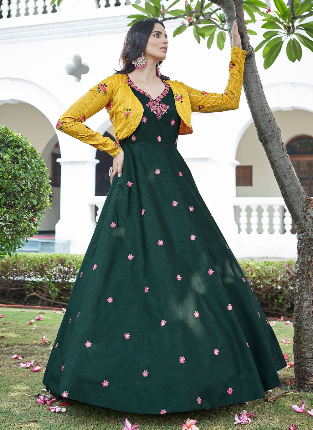 Gown Cotton Green Embroidered Gown