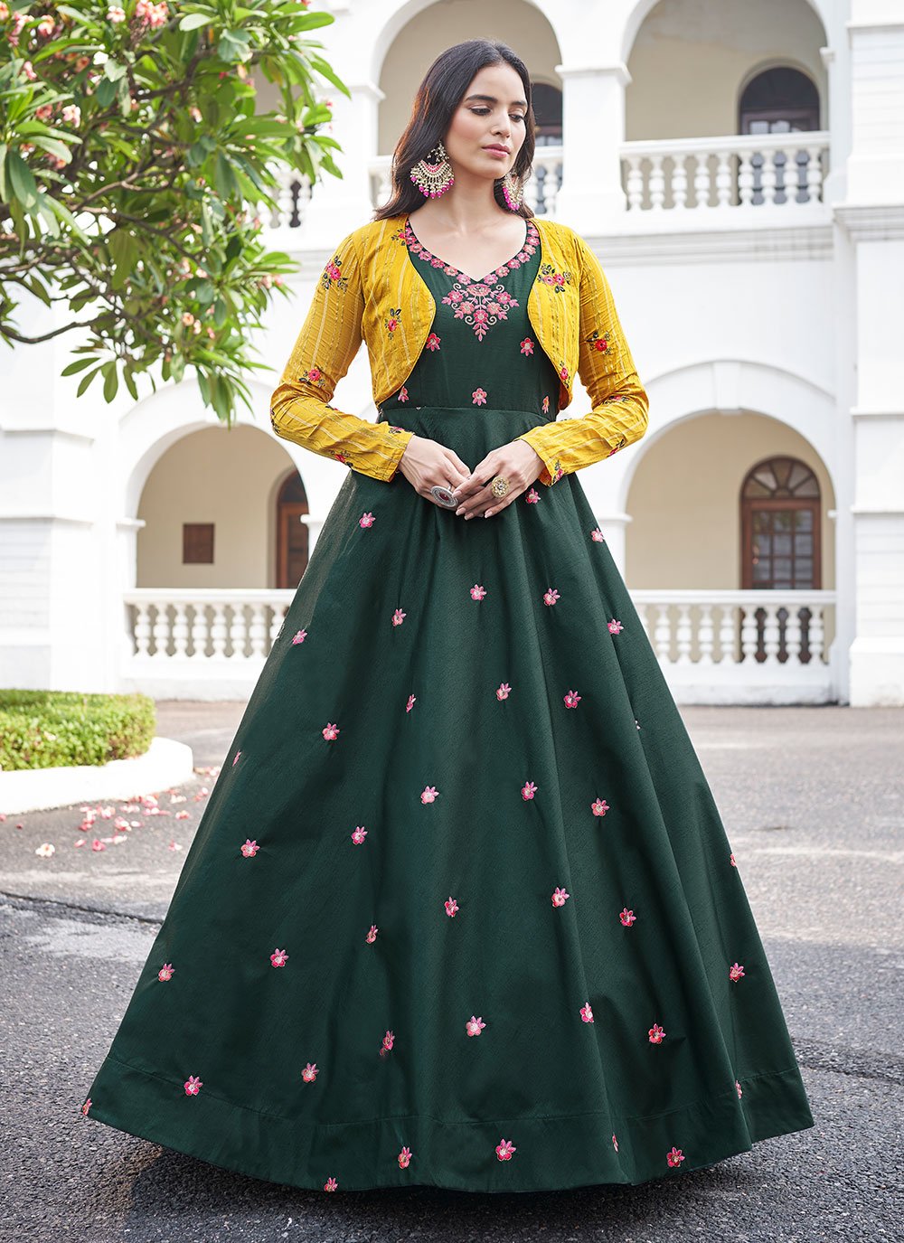 Gown Cotton Green Embroidered Gown
