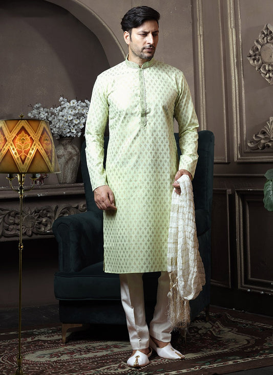 Kurta Pyjama Cotton Green Print Mens