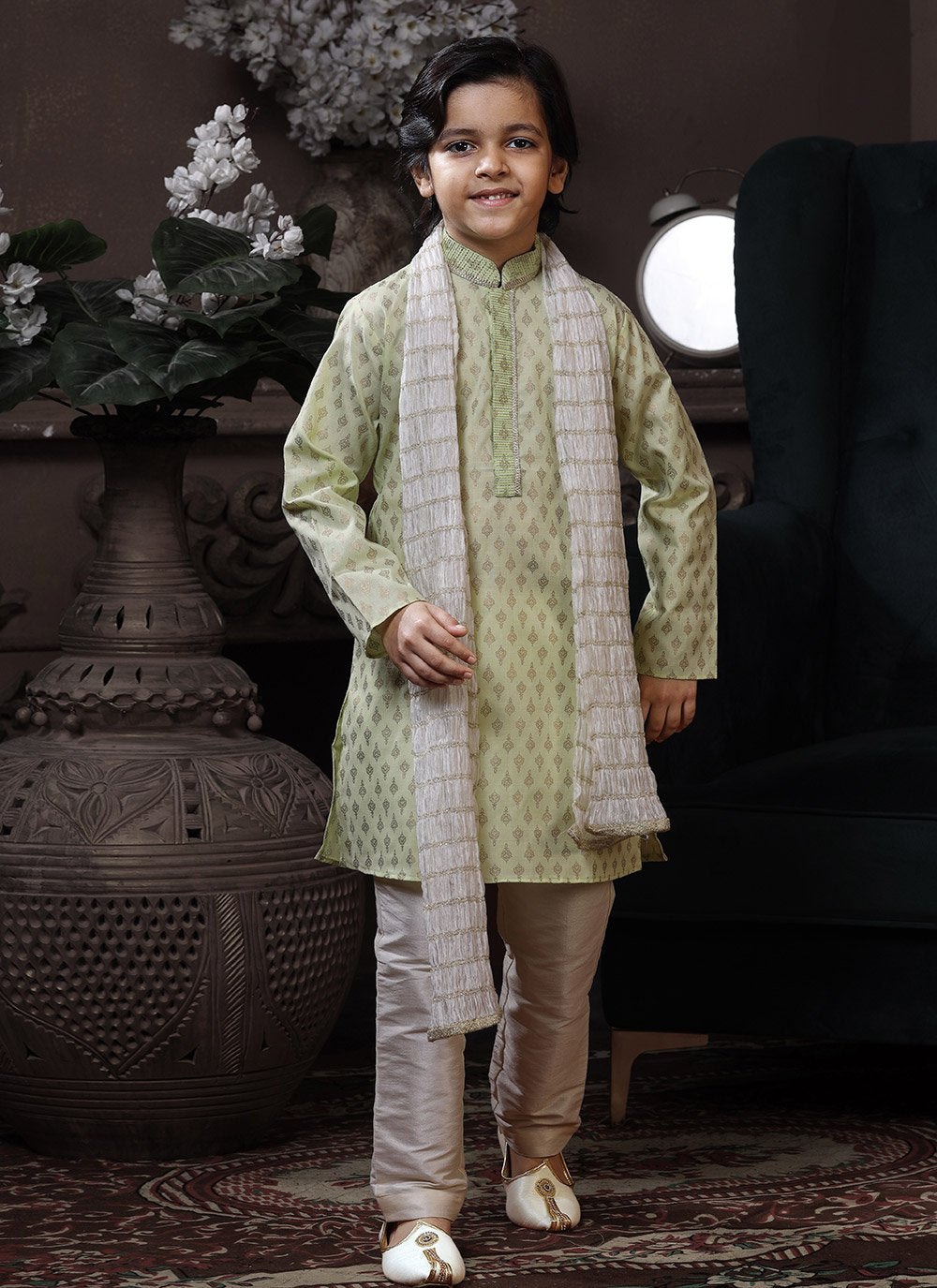 Kurta Pyjama Cotton Green Print Kids