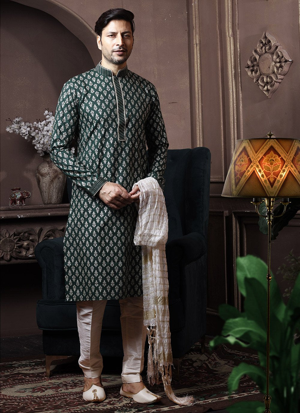 Kurta Pyjama Cotton Green Print Mens