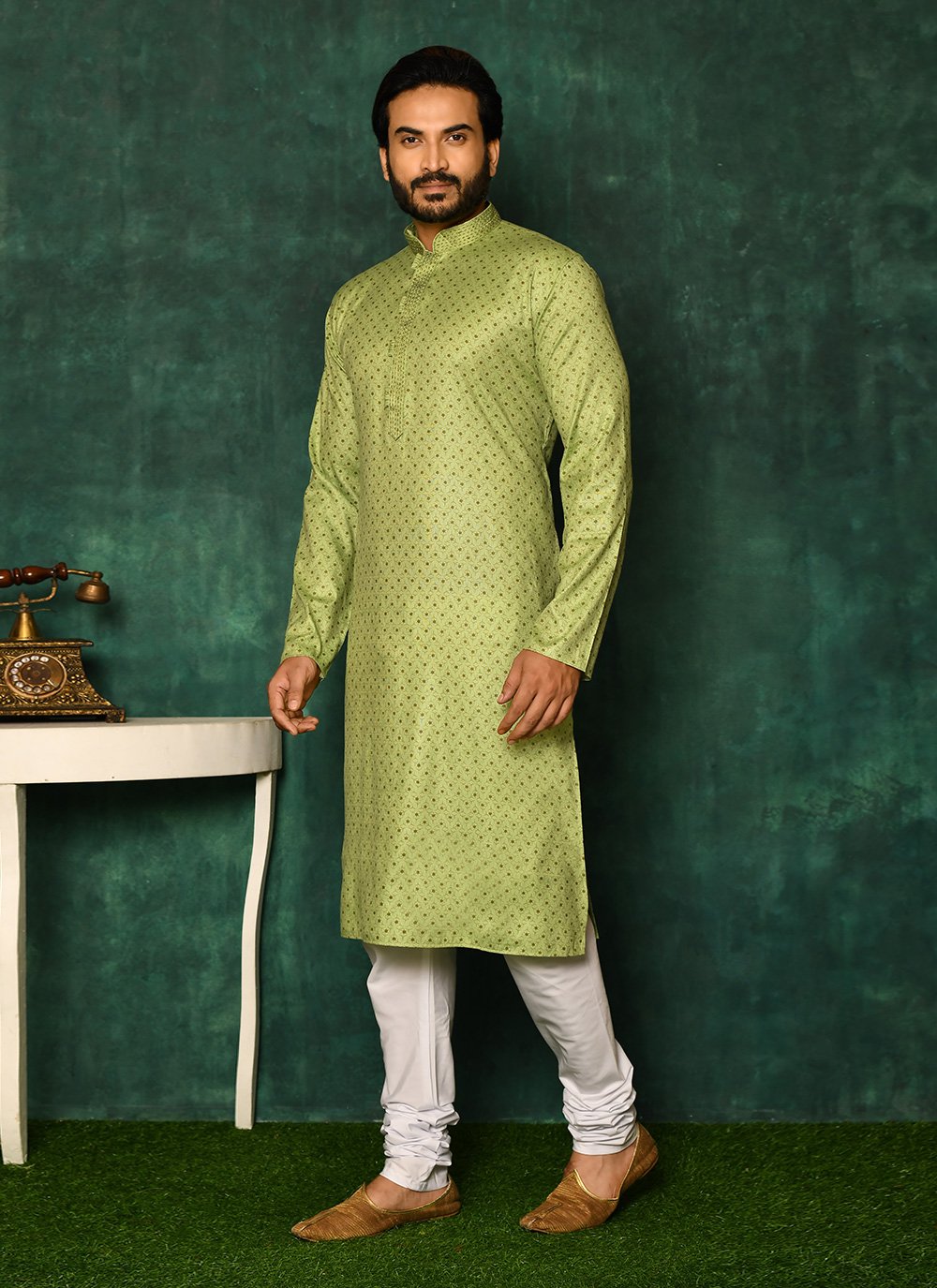 Kurta Pyjama Cotton Green Print Mens