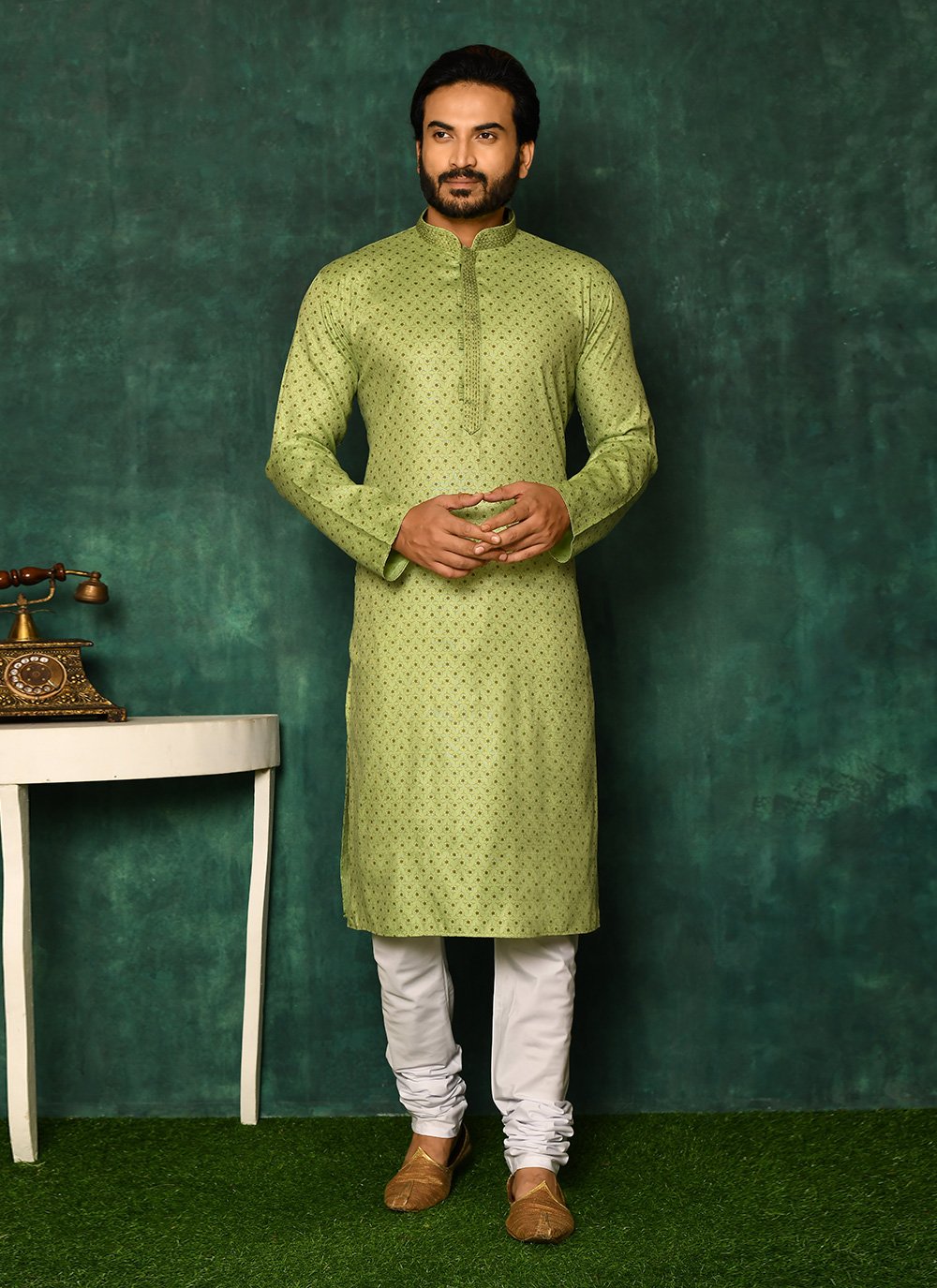 Kurta Pyjama Cotton Green Print Mens