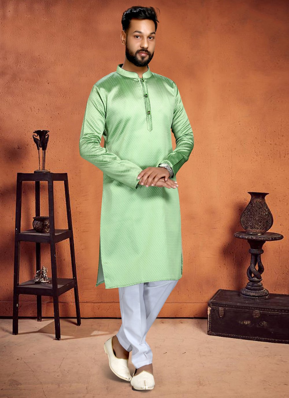 Kurta Pyjama Cotton Green Plain Mens