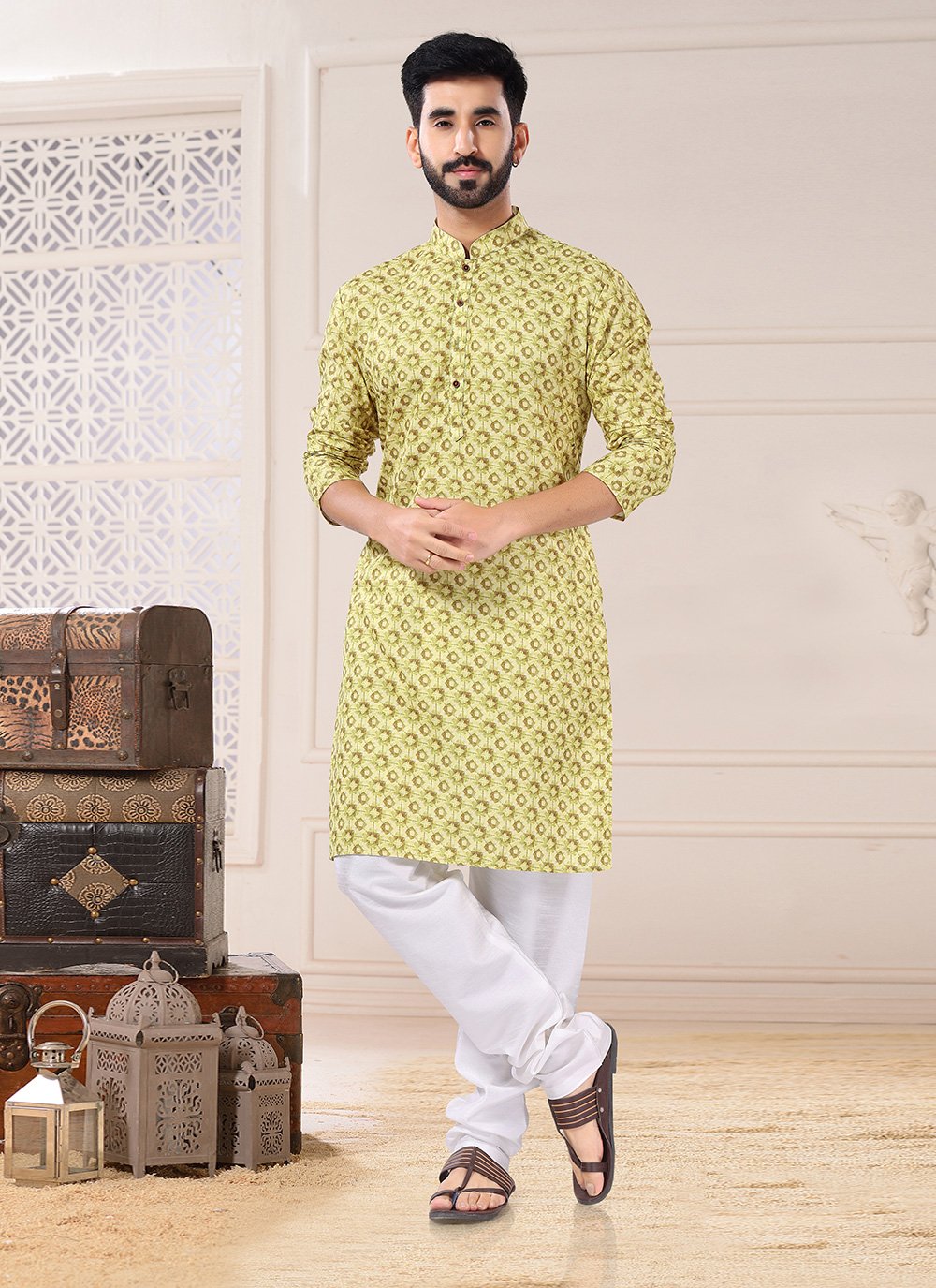 Kurta Pyjama Cotton Green Print Mens