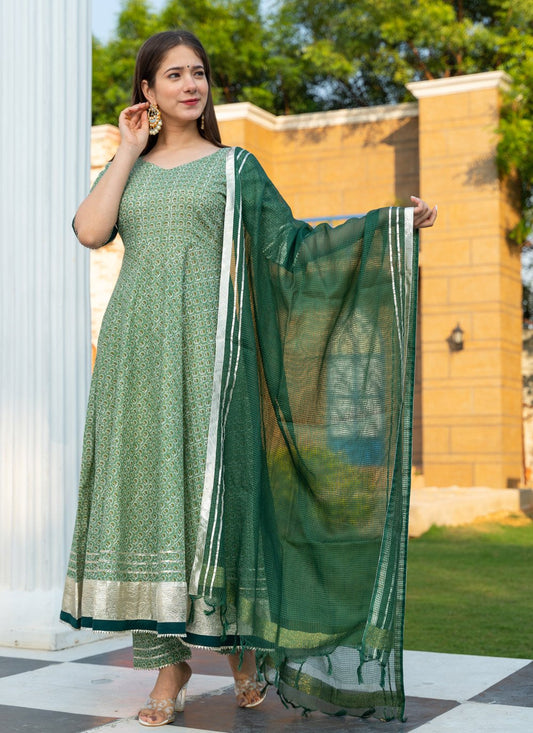 Pant Style Suit Cotton Green Lace Salwar Kameez