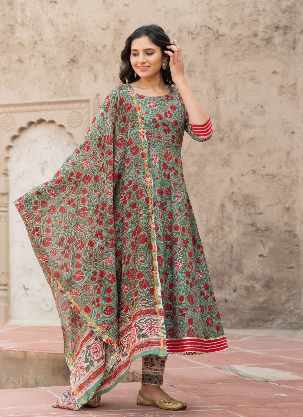 Pant Style Suit Cotton Green Lace Salwar Kameez