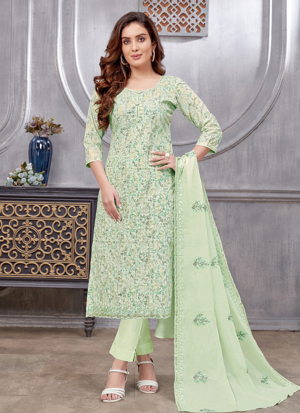 Pant Style Suit Cotton Green Embroidered Salwar Kameez