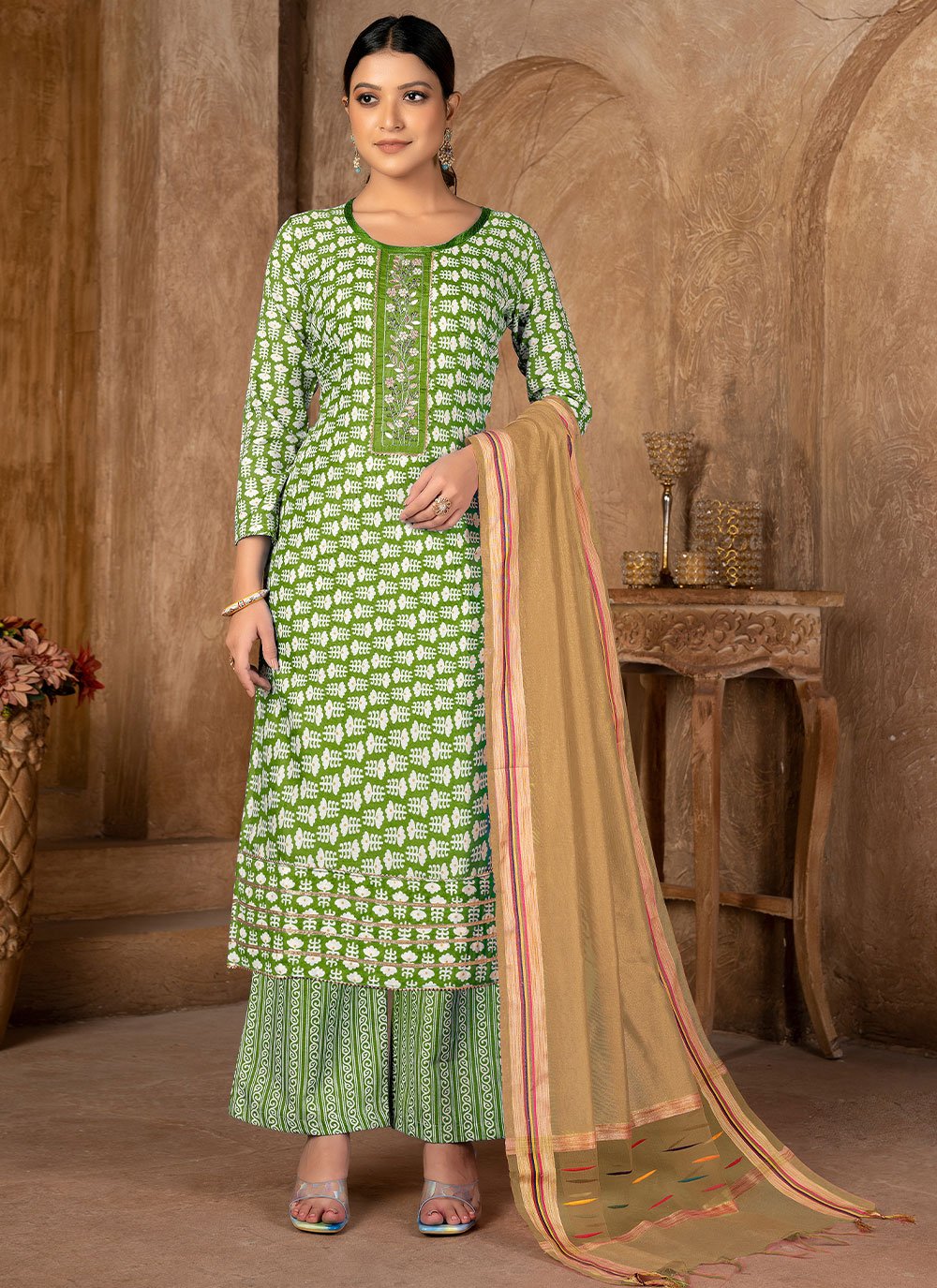 Salwar Suit Cotton Green Print Salwar Kameez