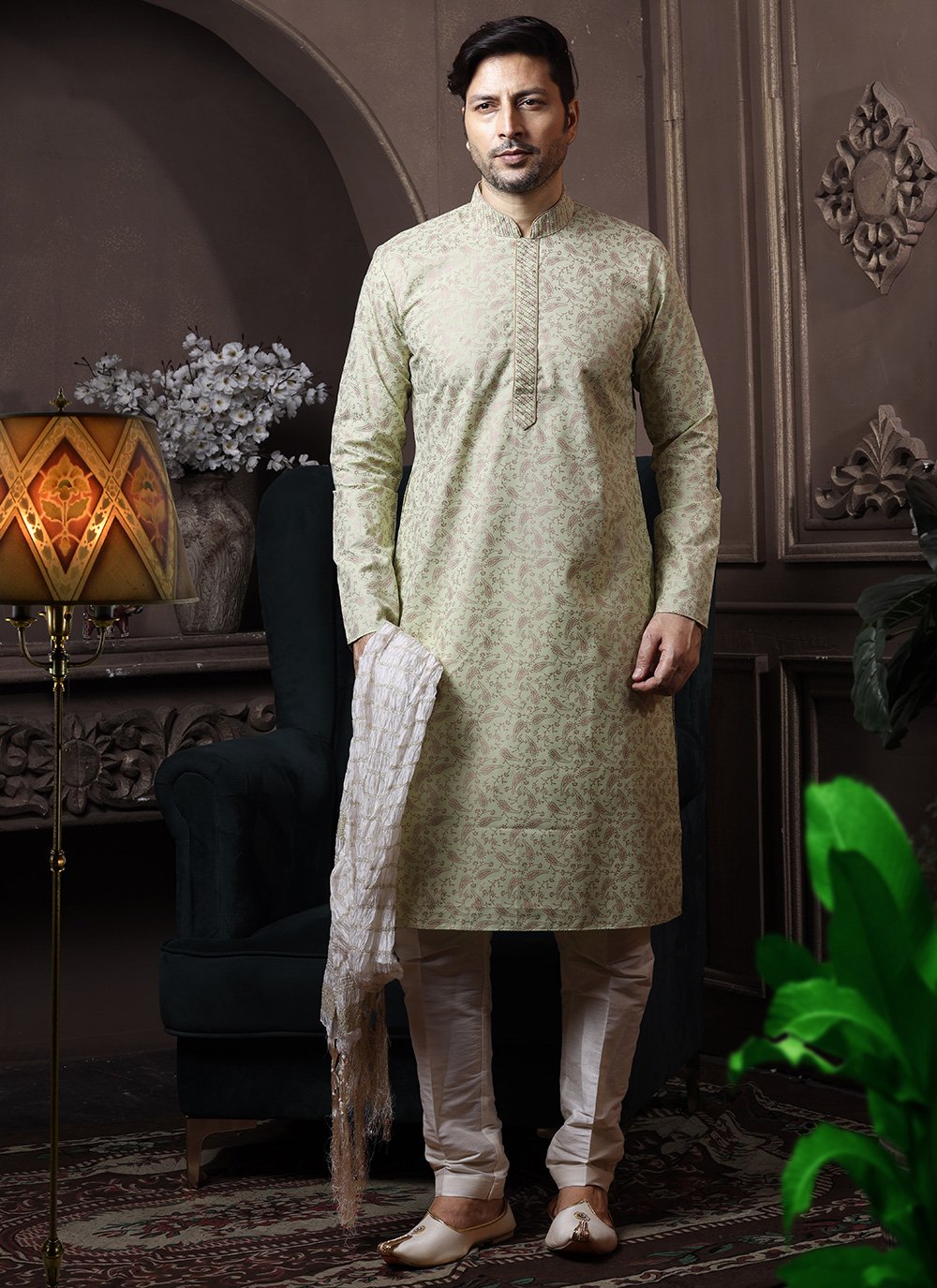 Kurta Pyjama Cotton Green Print Mens