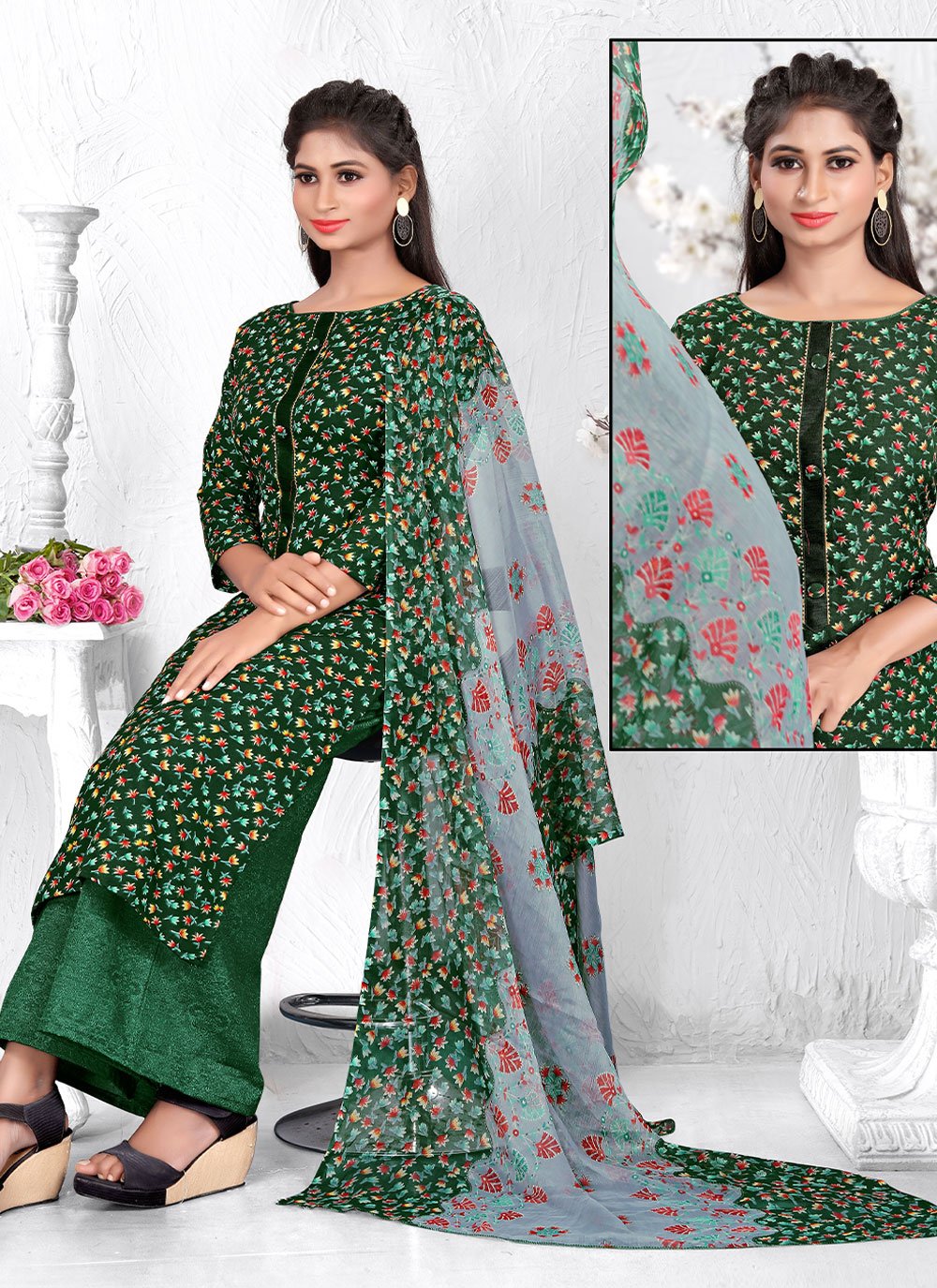 Palazzo Salwar Suit Cotton Green Print Salwar Kameez