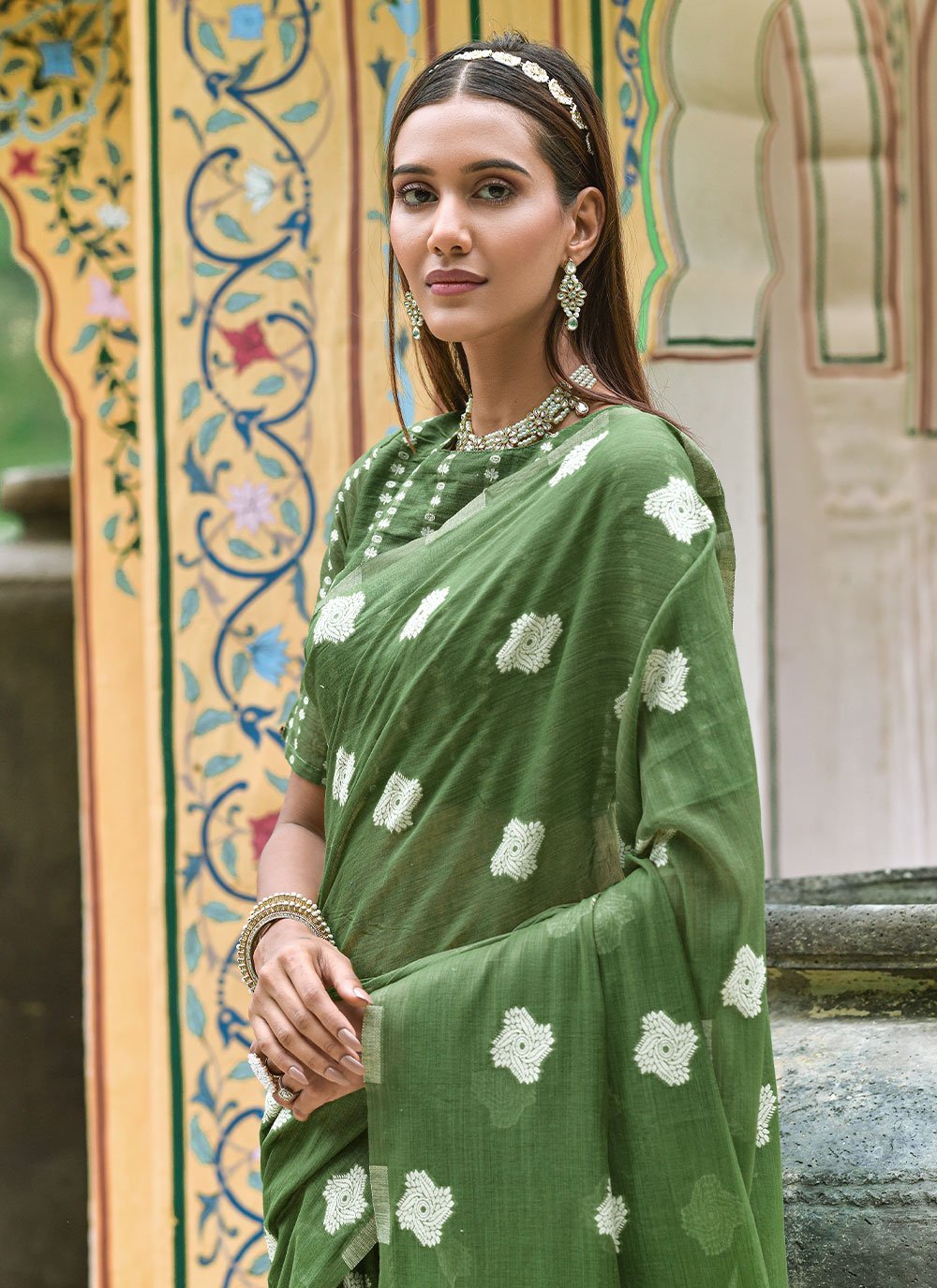 Classic Cotton Lucknowi Green Weaving Saree