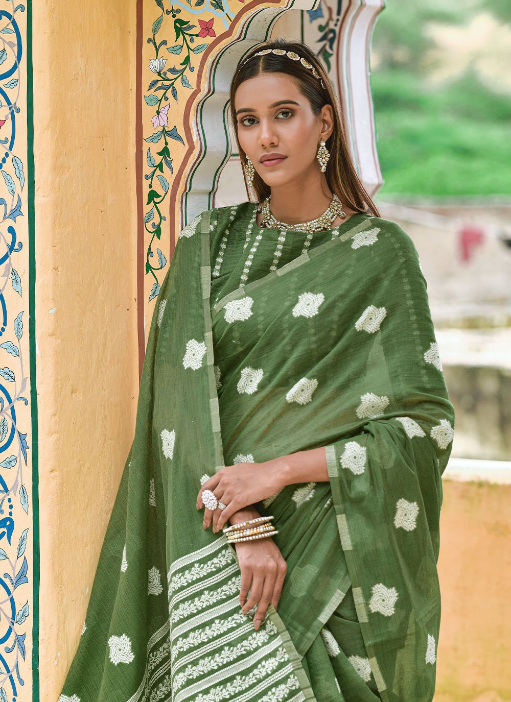 Classic Cotton Lucknowi Green Weaving Saree