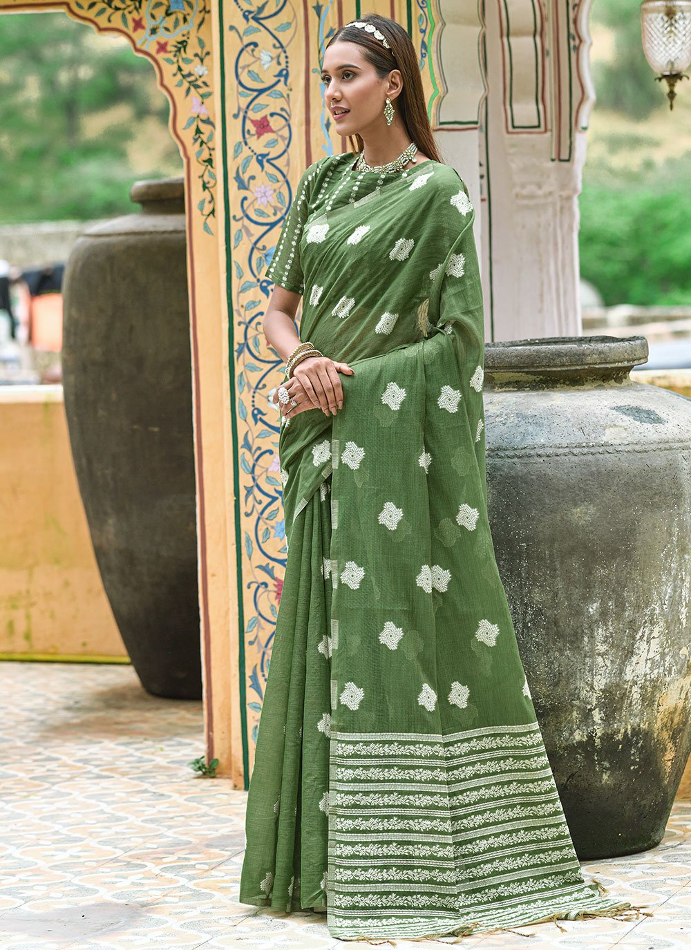 Classic Cotton Lucknowi Green Weaving Saree