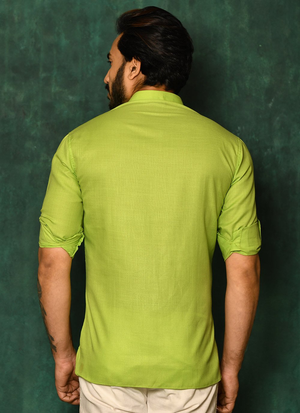 Short Kurta Cotton Green Plain Mens