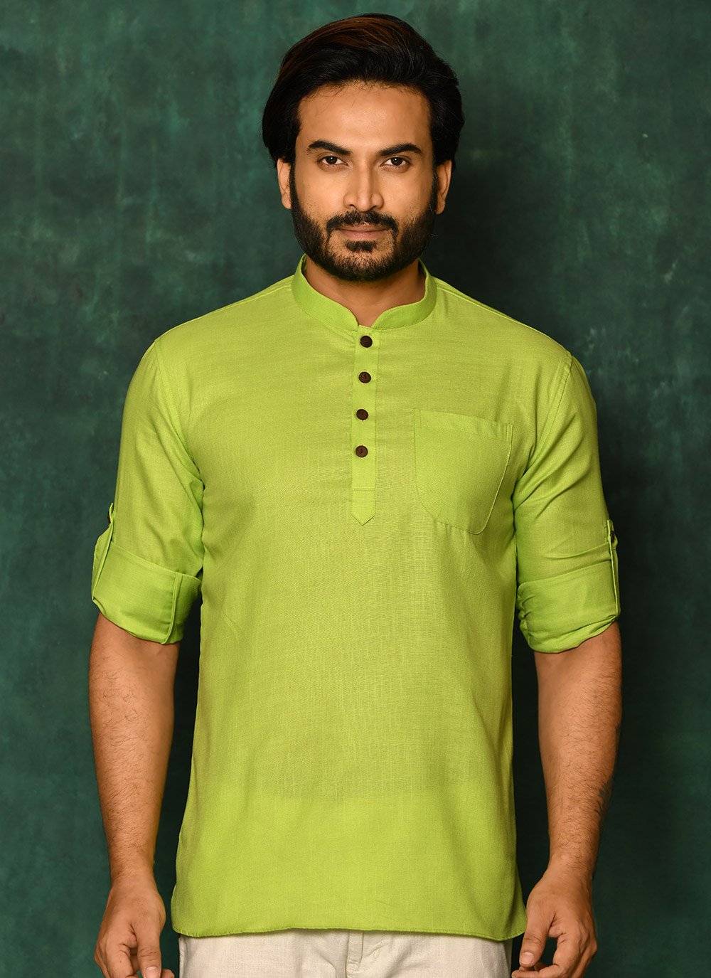 Short Kurta Cotton Green Plain Mens