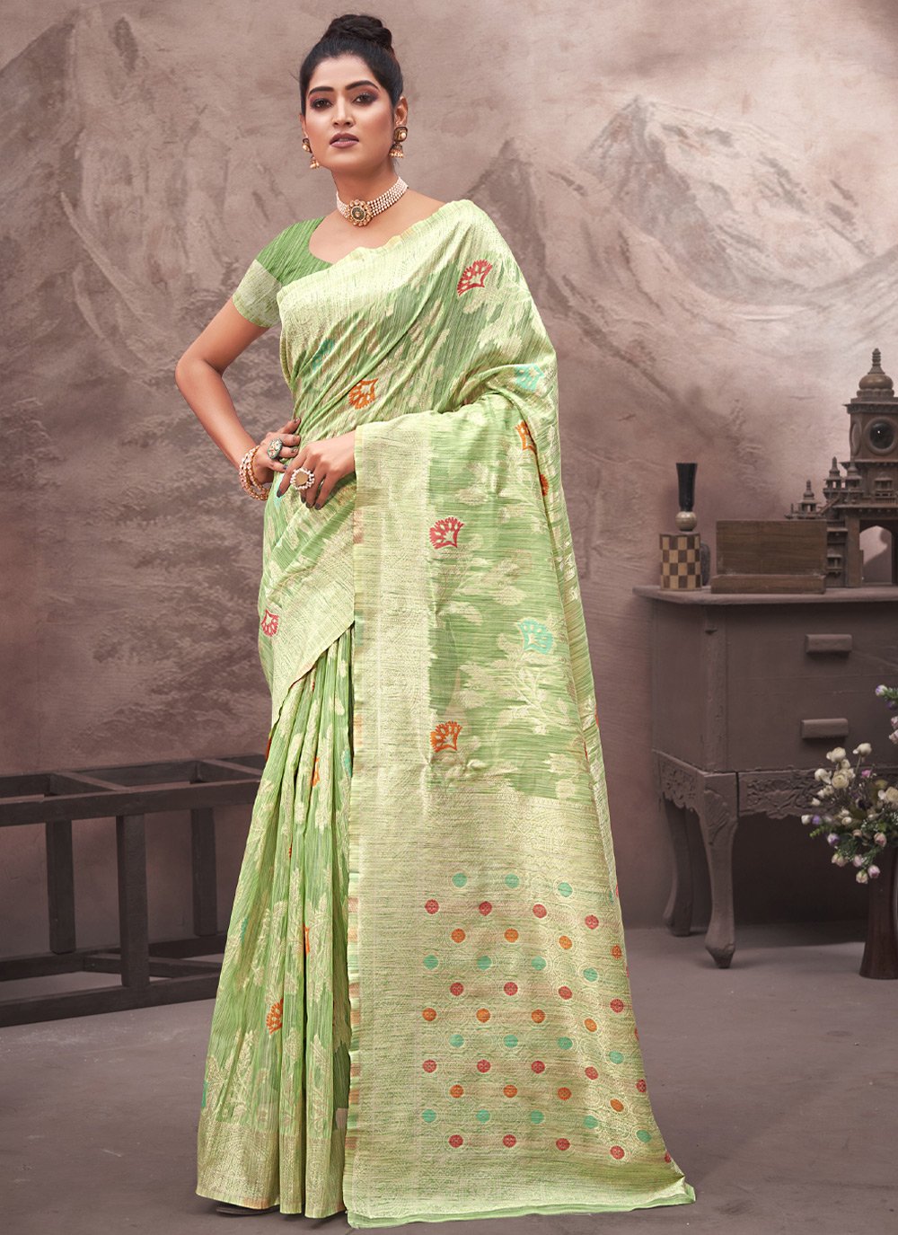 Traditional Saree Cotton Silk Green Embroidered Saree