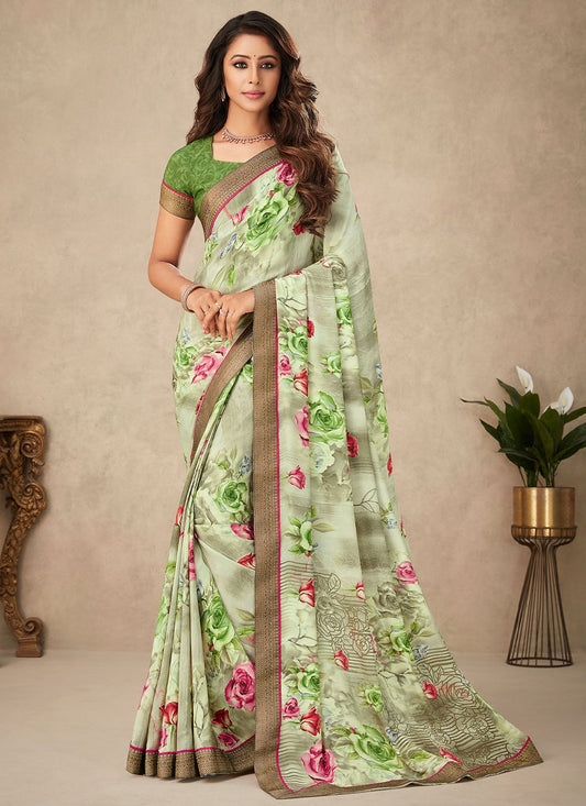 Trendy Saree Crepe Silk Green Floral Patch Saree