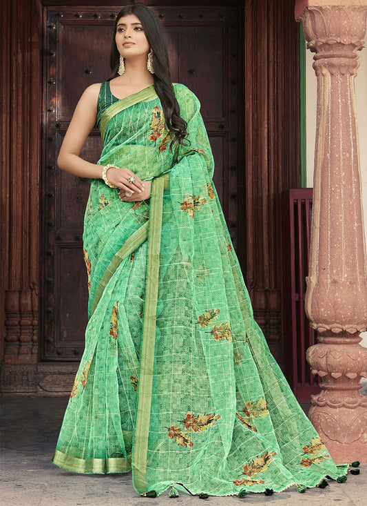 Contemporary Designer Organza Green Print Saree