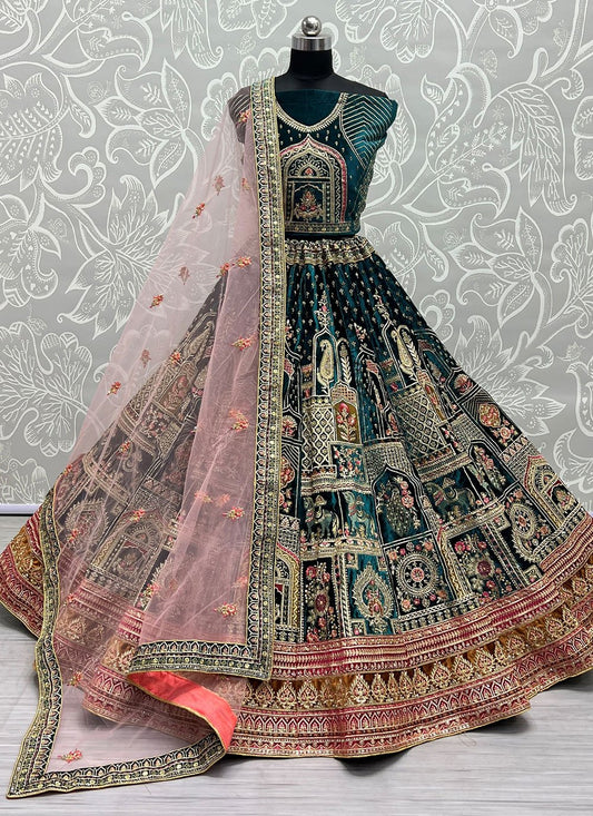 Lehenga Choli Velvet Green Diamond Lehenga Choli