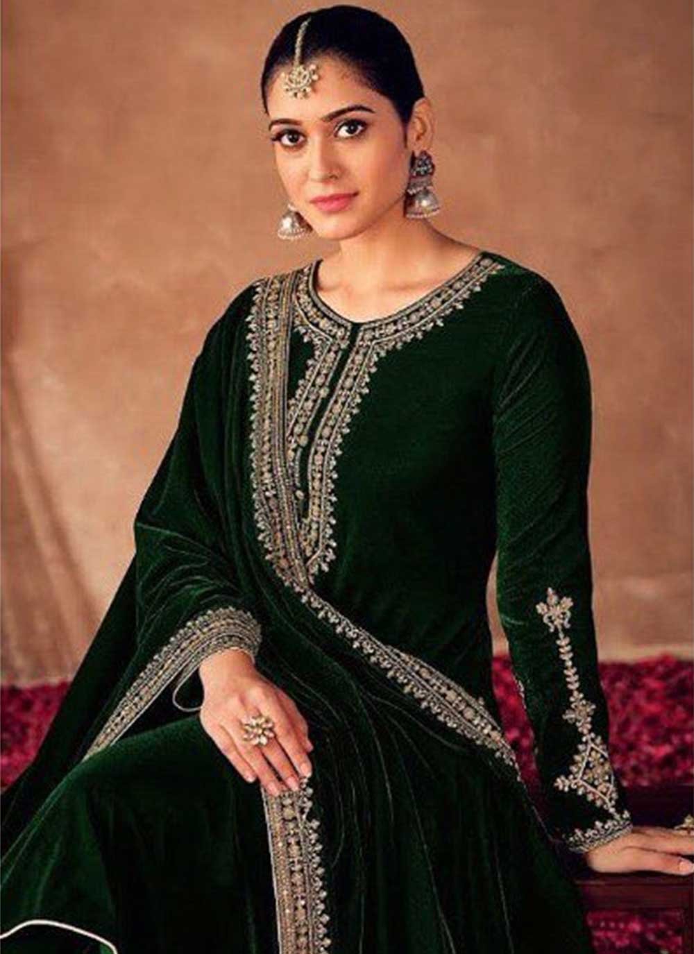 Pakistani Salwar Suit Velvet Green Embroidered Salwar Kameez