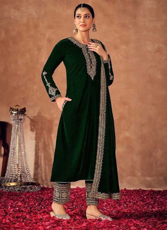 Pakistani Salwar Suit Velvet Green Embroidered Salwar Kameez