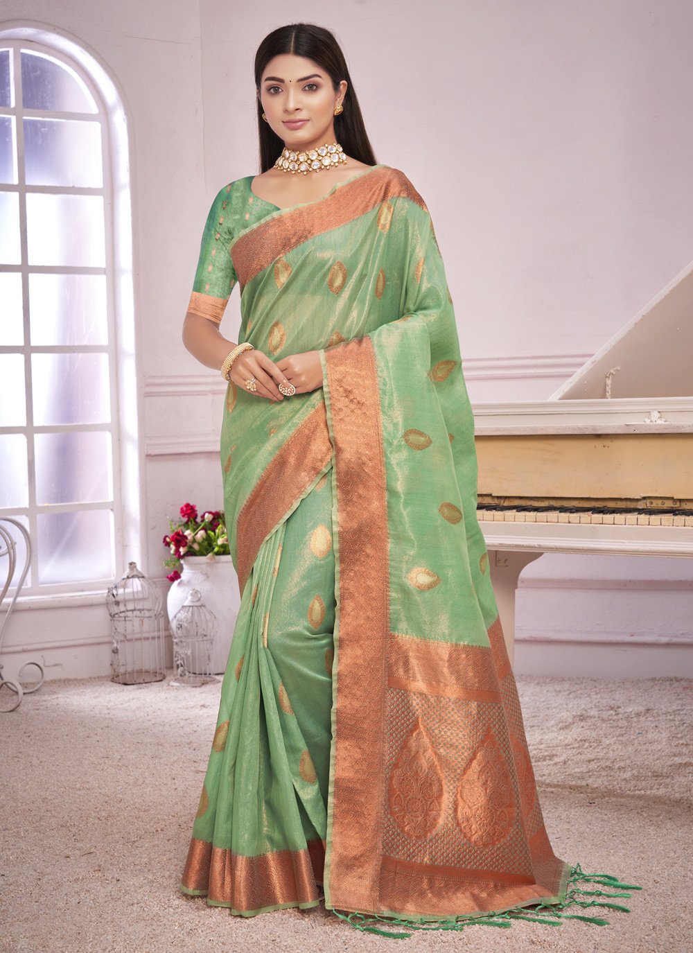 Designer Organza Green Thread Saree