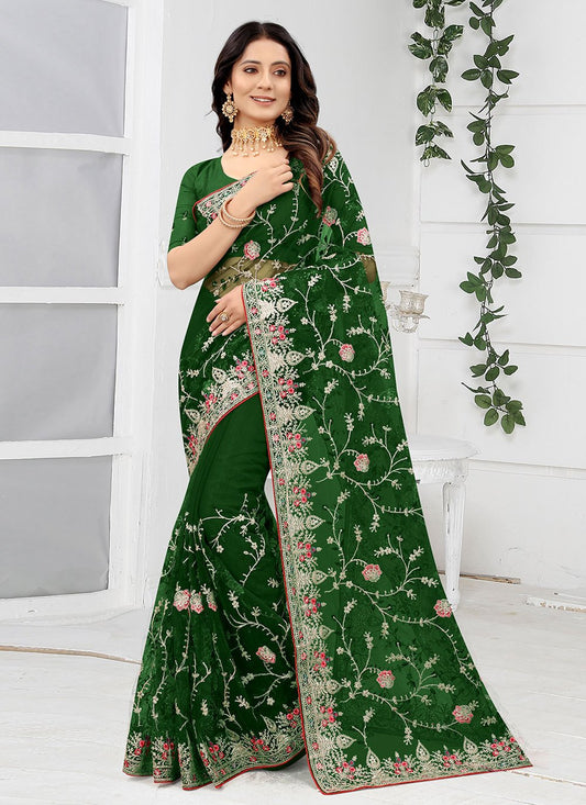 Designer Net Green Embroidered Saree