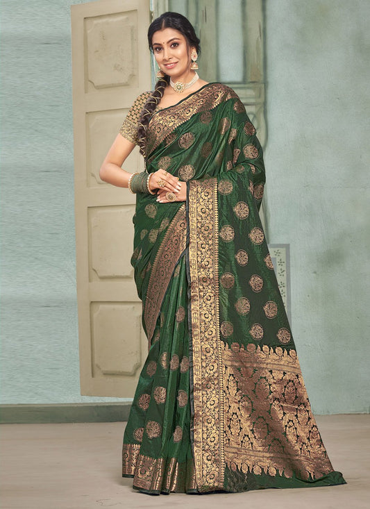 Traditional Saree Cotton Silk Green Fancy Work Saree