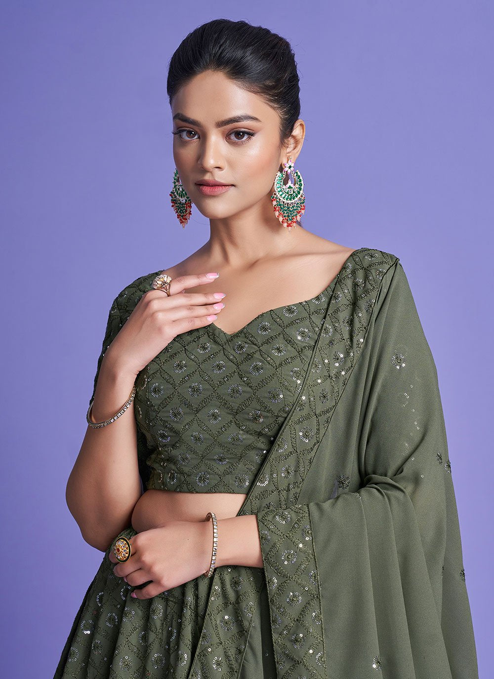 A Line Lehenga Georgette Green Diamond Lehenga Choli