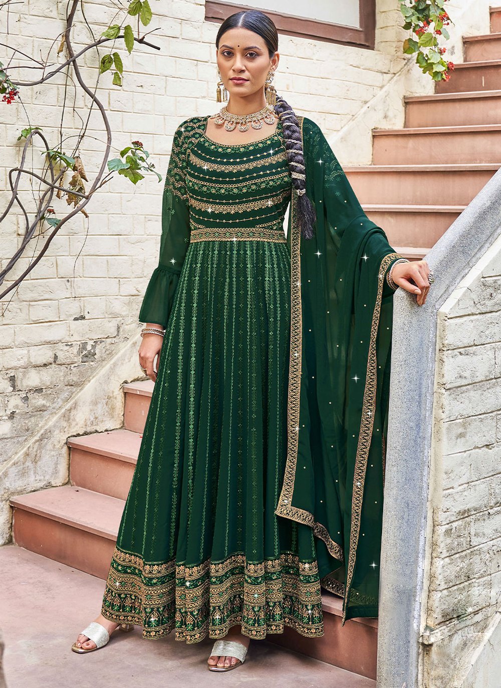 Anarkali Suit Georgette Green Diamond Salwar Kameez