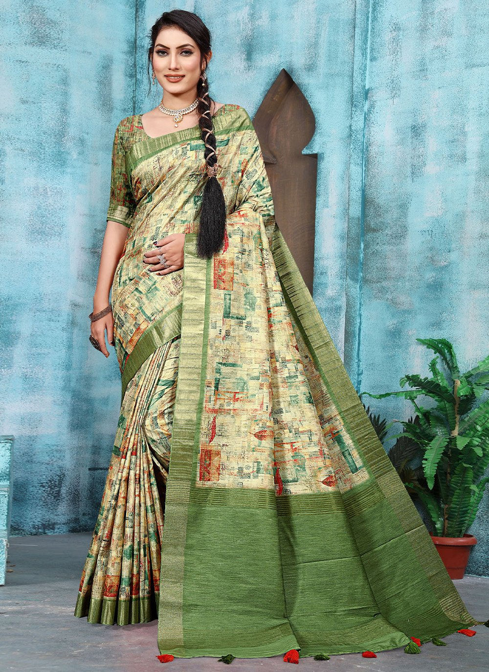 Classic Banarasi Silk Green Digital Print Saree